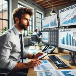 _A business development manager analyzing sales reports and financial graphs in a high-tech office. Multiple computer screens displaying sales growth c (1)