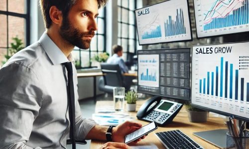 _A business development manager analyzing sales reports and financial graphs in a high-tech office. Multiple computer screens displaying sales growth c (1)